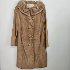 Women's Vintage 100% Leather Suede Mink Collar Full Length Coat Sz 10